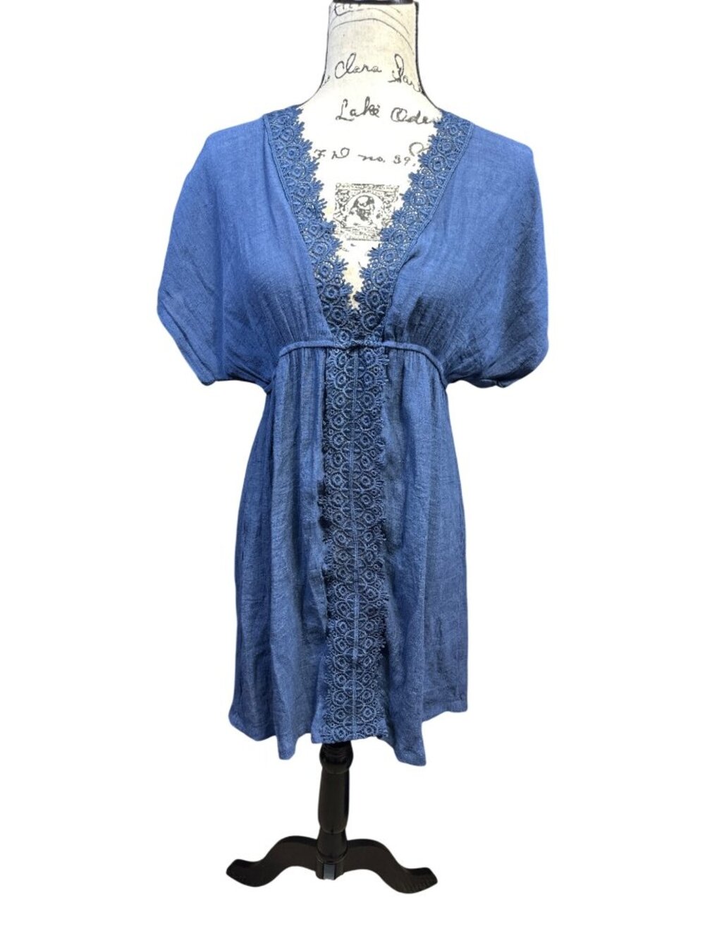 Aimage Womens Blue Lace Trim V-Neck Dress Lightweight Polyester Small